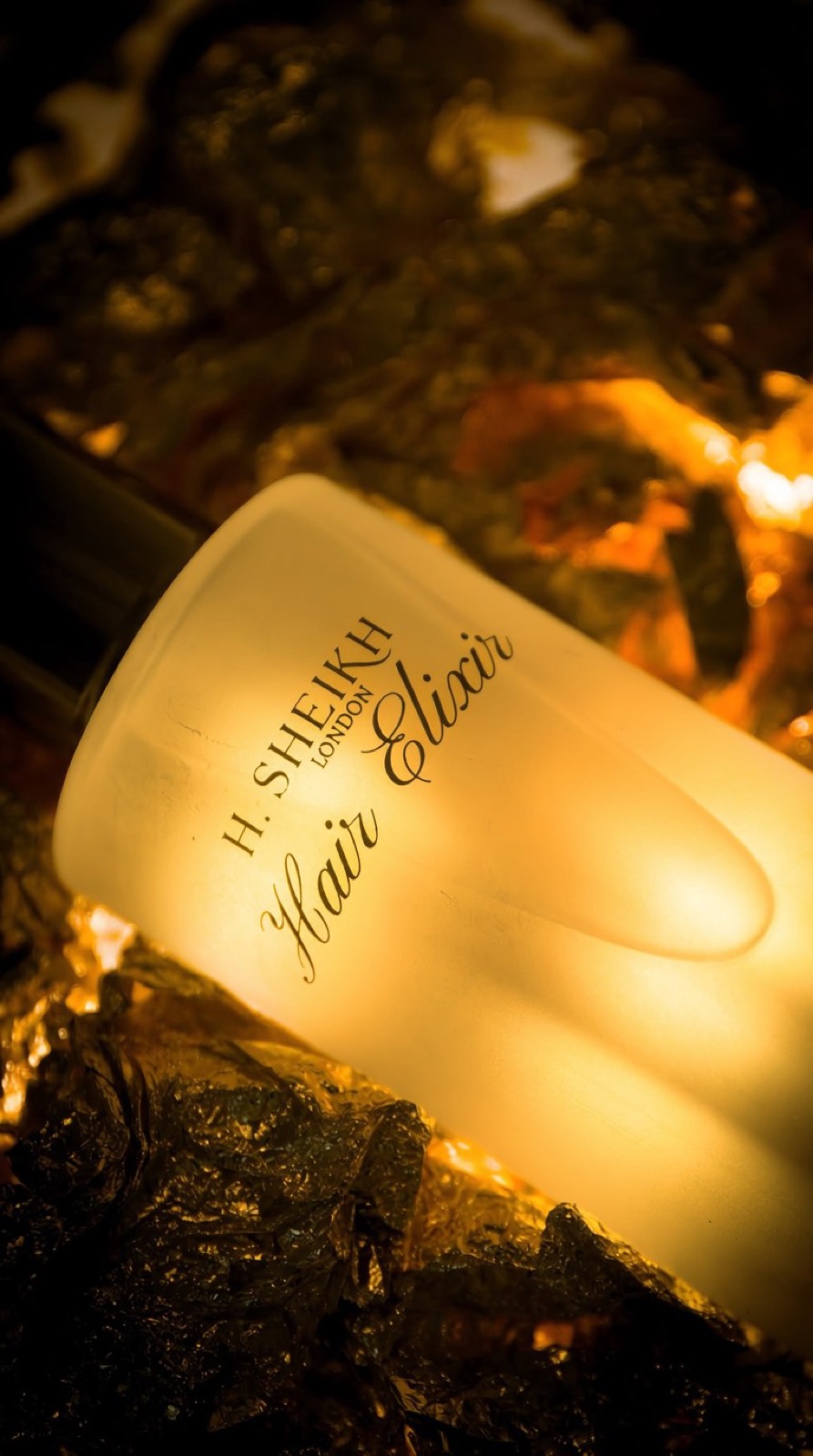 H. SHEIKH LONDON Hair Elixir bottle, close detail